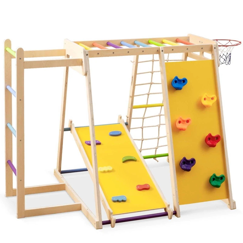 GYMAX 6 in 1 Kids Climbing Set, Wooden Toddler Climber Playset (Colorful)