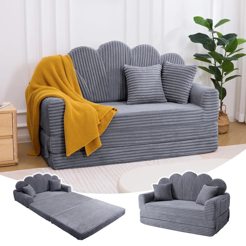 IRONCK Convertible Sofa Bed 2 Seater, Folding Floor Boneless Couch, Corduroy Fold Out Sleeper Mattress with Pillows, 153x267cm, Futon Compressed Lounger Loveseat for Living Room, Bedroom (Beige)