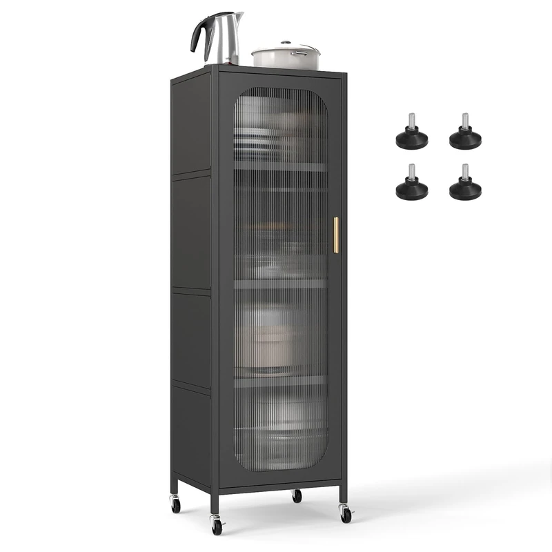 FANTASK Kitchen Shelf with 5 Tiers, Display Cabinet on Wheels with Adjustable Shelves, Slim Multi-Purpose Cabinet with Semi-Transparent Door, Metal Highboard for Dining Room, Bathroom and Living Room - Image 1