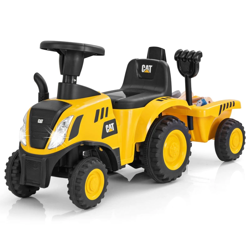GYMAX Kids Tractor and Trailer, Children Sliding Toy Car with LED Lights, Horn, Rake and Shovel, Toddler Ride on Tractor for Boys Girls Age 12-36 Months