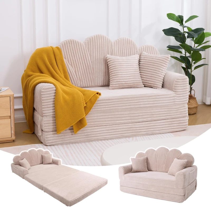 IRONCK Convertible Sofa Bed 2 Seater, Folding Floor Boneless Couch, Corduroy Fold Out Sleeper Mattress with Pillows, 153x267cm, Futon Compressed Lounger Loveseat for Living Room, Bedroom (Gray)