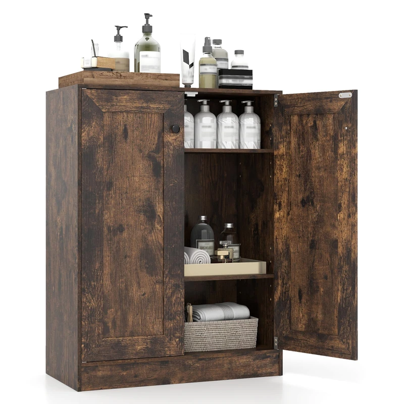 FANTASK Wooden Storage Cabinet, 60 x 30 x 80 cm, Bathroom Cabinet with Adjustable Shelf, Multi-Purpose Cabinet with Doors, Side Cabinet for Living Room, Dining Room & Kitchen (Brown)