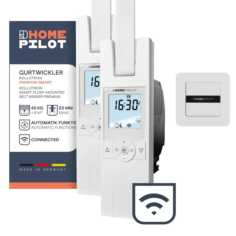 Home Pilot Roller Shutter Set: 2X RolloTron Premium smart Belt Winder and smart wall Button for Remote Control of the Electric Belt Winder