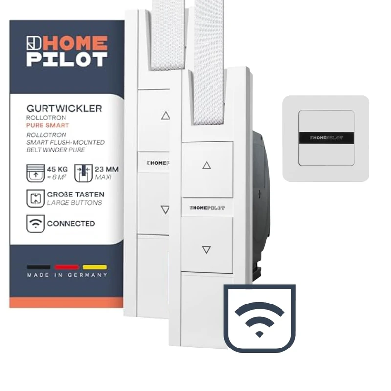 Home Pilot Roller Shutter Kit: 2 RolloTron Pure Smart Strap Winder + Smart Wall Button for Electric Strap Winder Remote Control