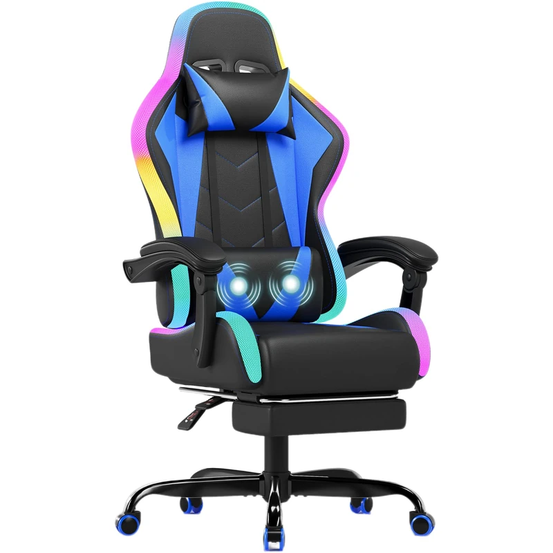 JUMMICO LED Gaming Chair with Massage Lumbar Support & Footrest, Ergonomic Reclining Gamer Chair for Adults, High Back PU Leather PC Chair with RGB Lights, Blue