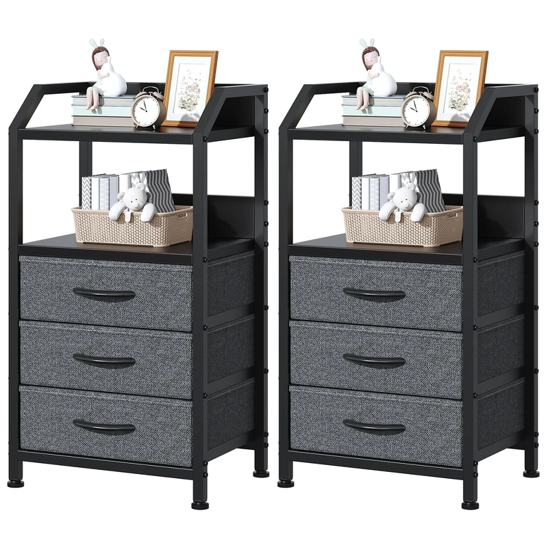 Feonase Set of 2 Bedside Table with 3 Fabric Drawers & Shelf, Nightstand for Bedroom, Living Room, Small Spaces – Metal Frame & Wooden Top, Sofa End Table with Storage for Home Décor, Deep Grey