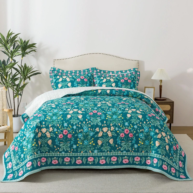 HoneiLife Floral Quilt Queen Size - Wildflower Quilt Sets 3-Piece, Microfiber Bedspreads Spring Coverlets Lightweight Bed Cover, Queen Quilt Bedding Sets Botanical Quilts All Season Use