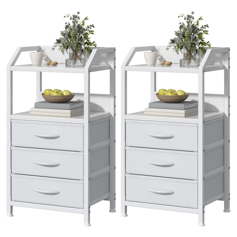 Feonase Set of 2 Bedside Table with 3 Fabric Drawers & Shelf, Nightstand for Bedroom, Living Room, Small Spaces – Metal Frame & Wooden Top, Sofa End Table with Storage for Home Décor,White