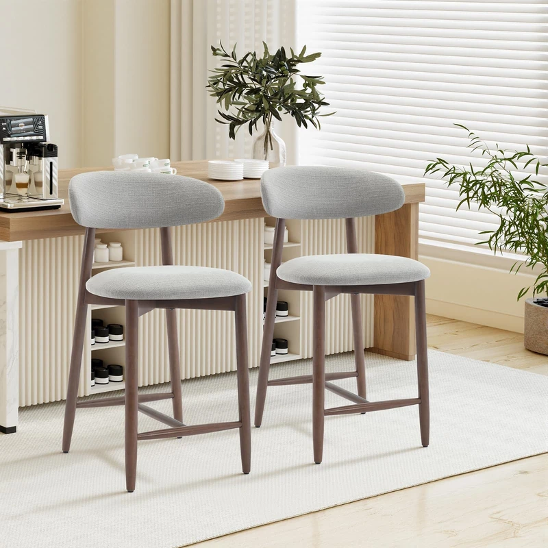 COLAMY 2PCS Counter Height Bar Stools with Back, Modern Upholstered Bar Chairs with Ergonomic Backrest & Footrest, Rubberwood Frame, Breathable Fabric, Padded Seat for Kitchen Island & Home Bar