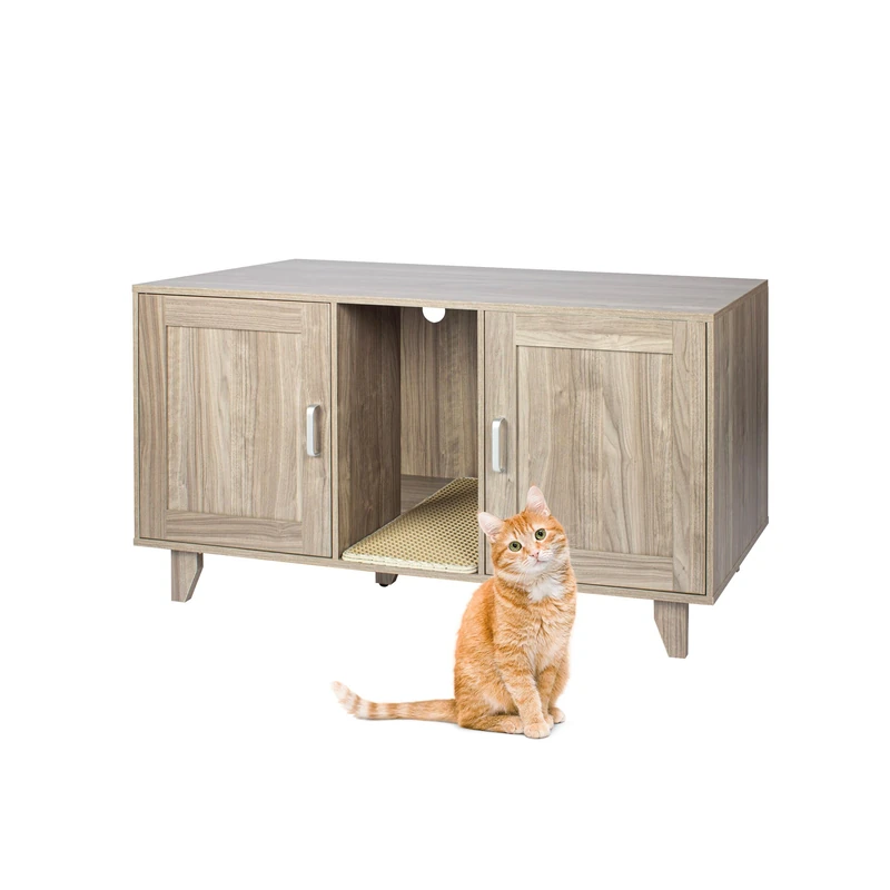 Relaxdays Cat Cabinet for Litter Tray, XXL, 2 Compartments, with Litter Mat, Grey-Brown, 65 x 120 x 52 cm