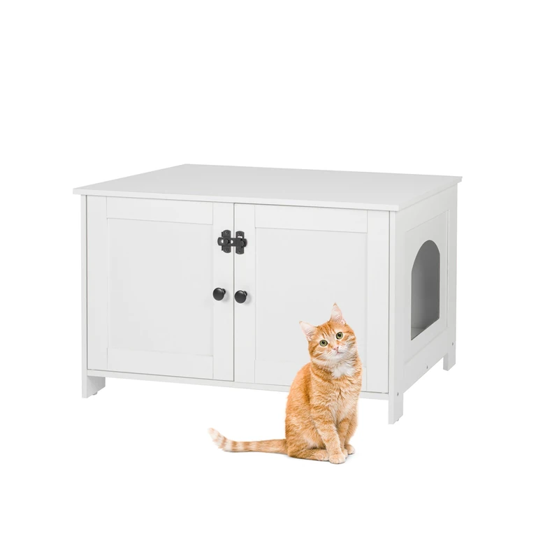 Relaxdays Cat Cabinet with Lock & Partition for Litter Tray, Side Entrance, 46 x 78.5 x 44.5 cm, White