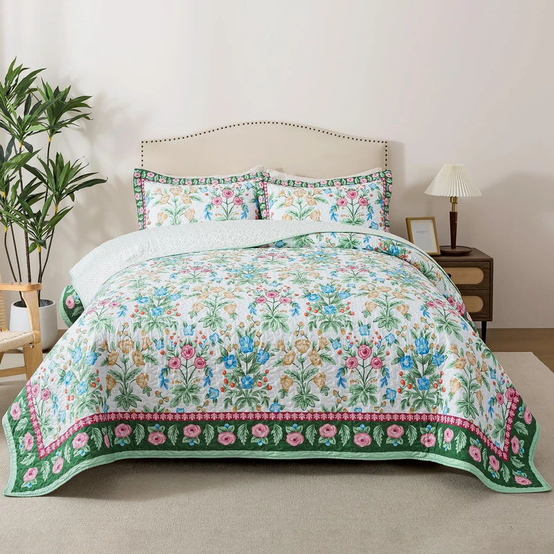 HoneiLife Floral Quilt Queen Size - Microfiber Quilt Sets 3-Piece, Spring Bedspreads Wildflower Coverlets Lightweight Bed Cover, King Quilt Bedding Sets Summer Quilts