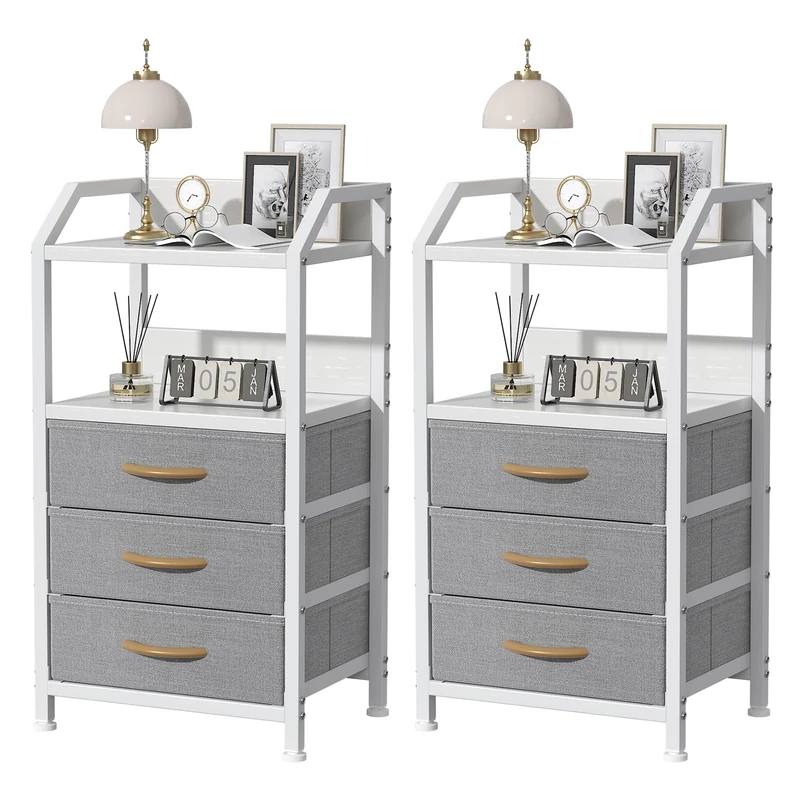 Feonase Set of 2 Bedside Table with 3 Fabric Drawers & Shelf, Nightstand for Bedroom, Living Room, Small Spaces – Metal Frame & Wooden Top, Sofa End Table with Storage for Home Décor, Light Grey