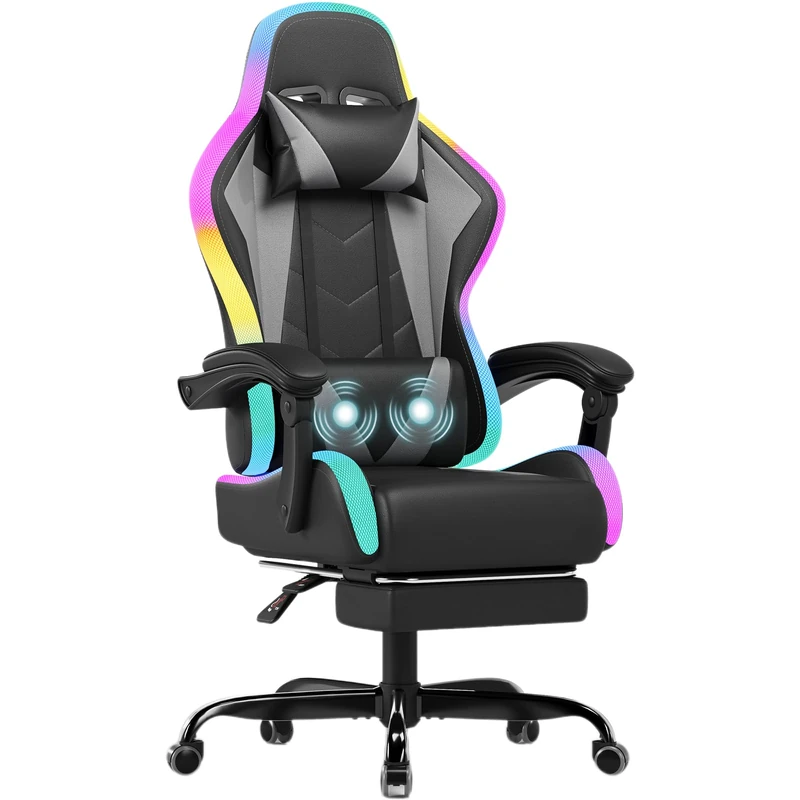 JUMMICO LED Gaming Chair with Massage Lumbar Support & Footrest, Ergonomic Reclining Gamer Chair for Adults, High Back PU Leather PC Chair with RGB Lights, Gray