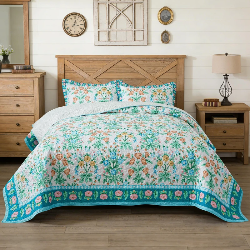 HoneiLife Floral Quilt Queen Size - Wildflower Quilt Sets 3-Piece, Microfiber Bedspreads Spring Coverlets Lightweight Bed Cover, Queen Quilt Bedding Sets Summer Quilts