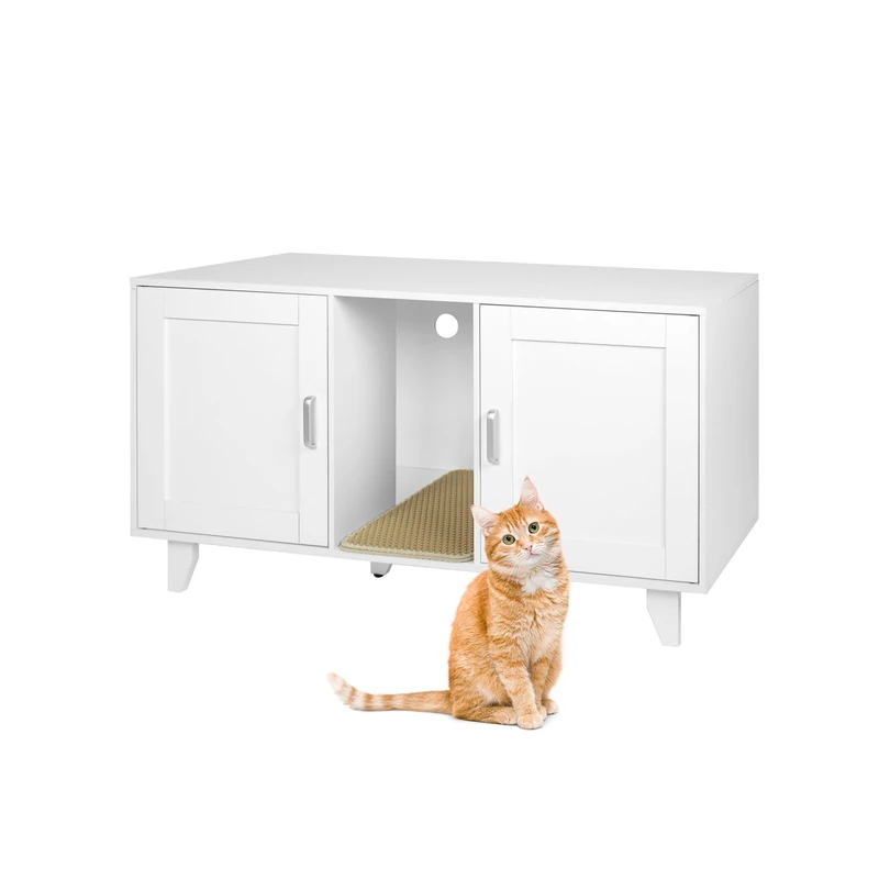 Relaxdays Cat Cabinet with 2 Compartments, Litter Mat, XXL White, 65x120x52 cm