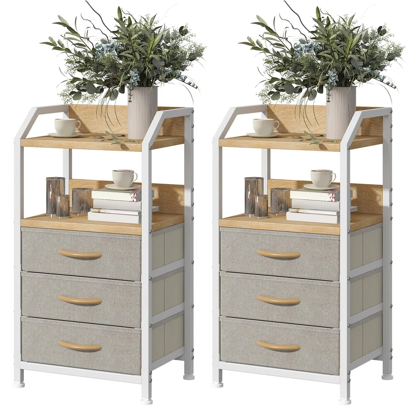 Feonase Set of 2 Bedside Table with 3 Fabric Drawers & Shelf, Nightstand for Bedroom, Living Room, Small Spaces – Metal Frame & Wooden Top, Sofa End Table with Storage for Home Décor, Khaki