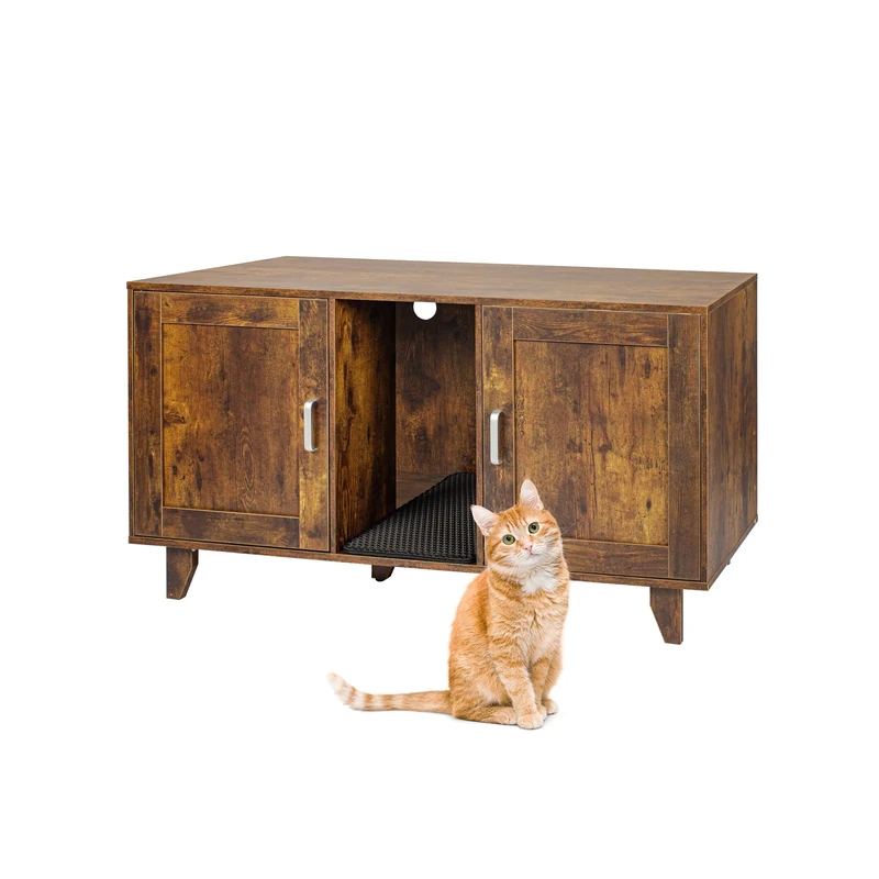 Relaxdays XXL Cat Cabinet with 2 Compartments, Cat House, Litter Mat, 65x120x52 cm, Dark Brown