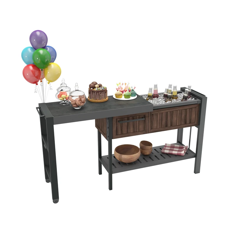 Keter Extendable Party Table – Rosewood | Multifunctional Outdoor & Indoor Serving Station with Smooth Slide‑Out Shelves, Storage Drawer & Hidden Wheels | Space‑Saving Entertaining Table - Image 1