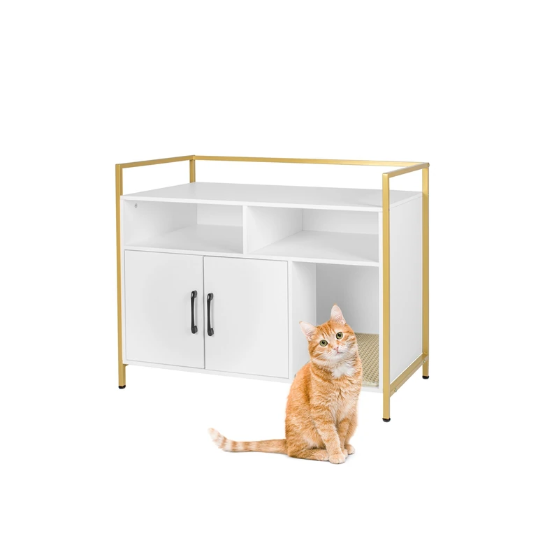 Relaxdays Cat Cabinet with Litter Mat & Storage, 74x90x45cm, White/Gold