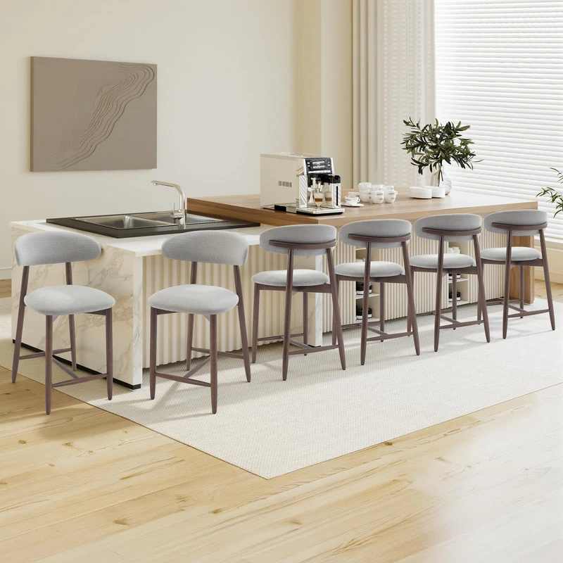 COLAMY 6PCS Counter Height Bar Stools with Back, Modern Upholstered Bar Chairs with Ergonomic Backrest & Footrest, Rubberwood Frame, Breathable Fabric, Padded Seat for Kitchen Island & Home Bar