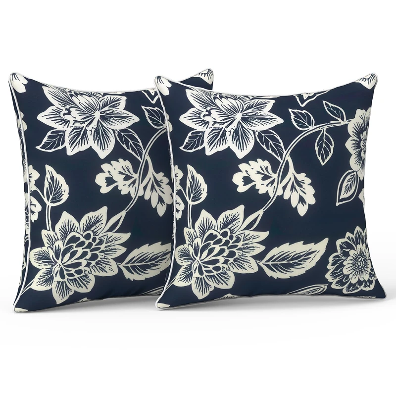 LVTXIII Outdoor Throw Pillows 18x18 Patio Waterproof Square Pillows with Piping Fade Resistant Accent Pillow for Spring Summer Garden Decoration, Set of 2, Elegant Vines Navy