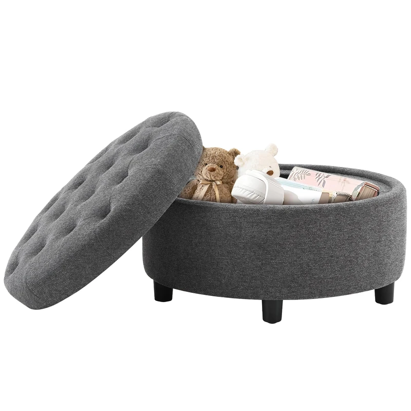 Round Storage Ottoman Footstool with Reversible Wooden Lid, 63.5cm Padded Pouffe Stool with Hidden Storage, Soft Linen Fabric Foot Rest with Anti-Slip Legs, Multifunctional Coffee Table Ottoman