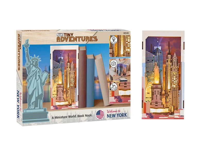 Revell Tiny Adventures Tiny Adventures - New York Book Nook - With LED Lighting, 3D Miniature DIY Wooden Craft