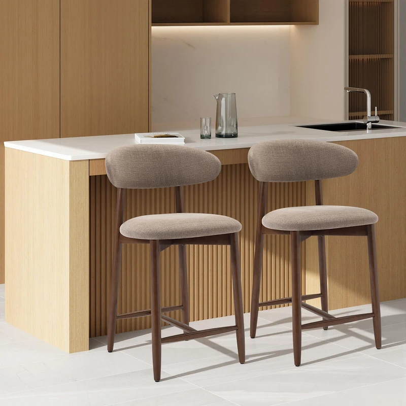 COLAMY 2PCS Counter Height Bar Stools with Back, Modern Upholstered Bar Chairs with Ergonomic Backrest & Footrest, Rubberwood Frame, Breathable Fabric, Padded Seat for Kitchen Island & Home Bar