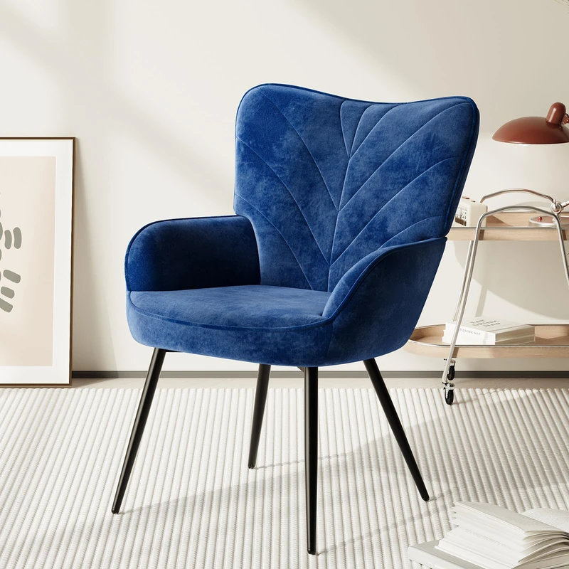 COLAMY Velvet Accent Chair with Black Metal Legs, Modern Armchair with Ergonomic Backrest, Wide Seat & High-Density Foam,Vanity Chair for Living Room Bedroom Lounge or Dressing Table,Blue