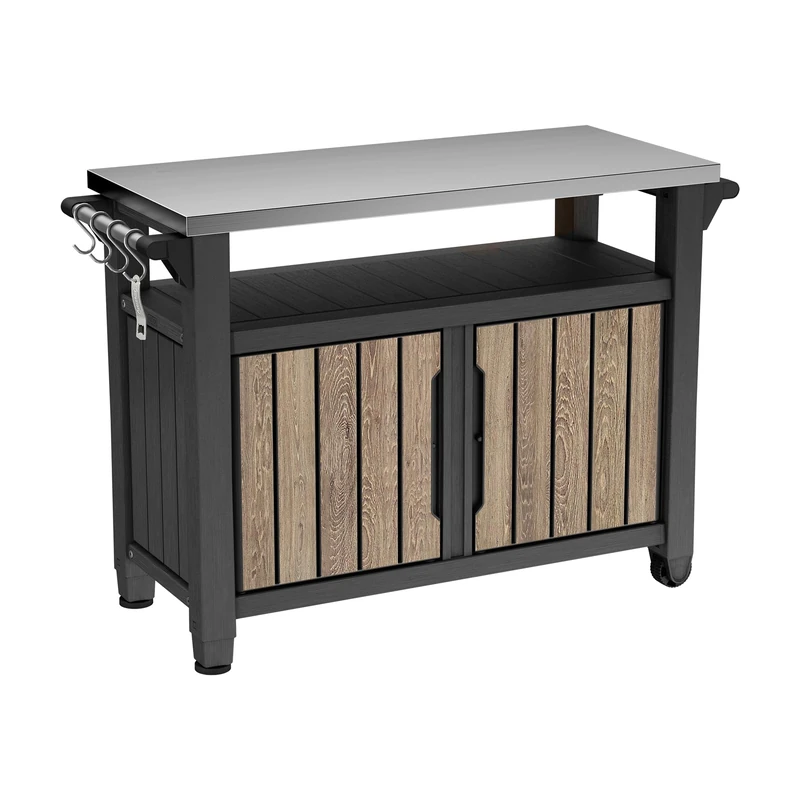 Keter Unity XL Outdoor Kitchen BBQ Table – Ashwood Brown | Stainless Steel Serving Station with Storage | Wood‑Look Finish, Hooks, Paper Towel Holder & Bottle Opener | All‑Weather Outdoor Entertaining
