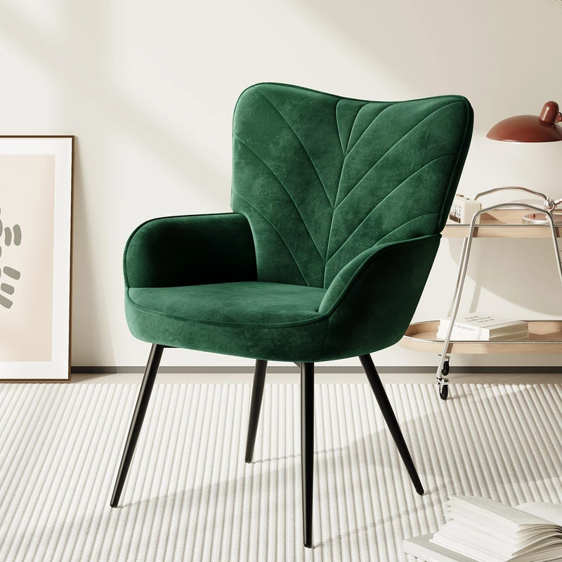 COLAMY Velvet Accent Chair with Black Metal Legs, Modern Armchair with Ergonomic Backrest, Wide Seat & High-Density Foam,Vanity Chair for Living Room Bedroom Lounge or Dressing Table,Green