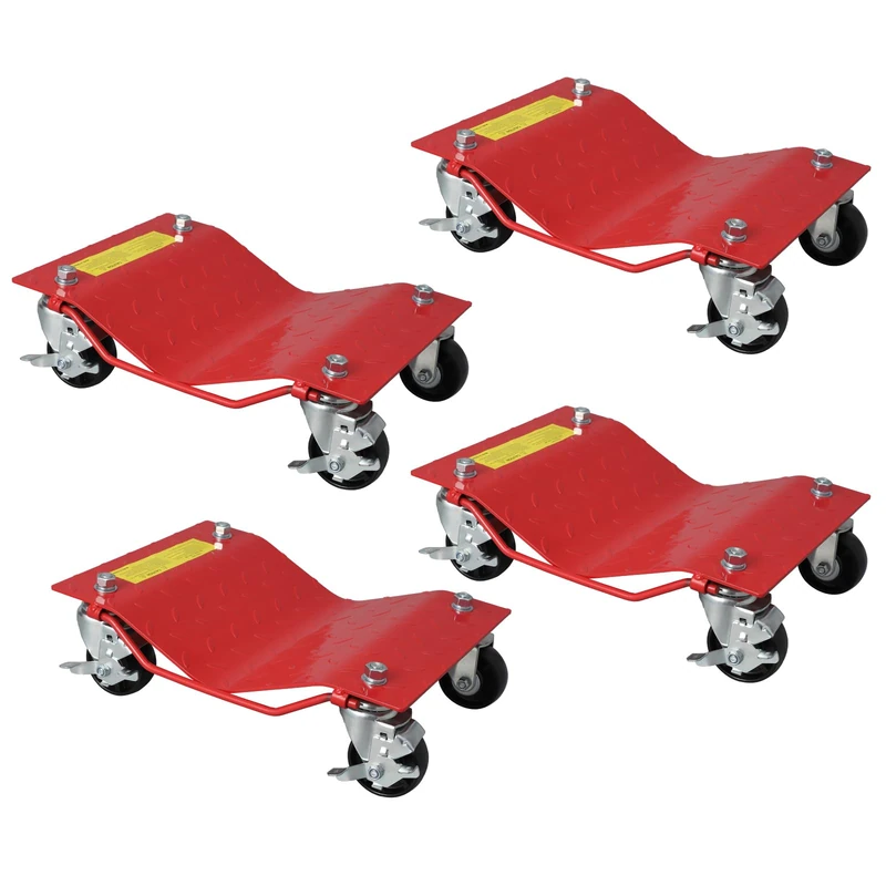 4-Pack Heavy Duty Car Moving Wheel Dolly Set - 680kg Capacity per Skate with 360° Swivel Casters & Locking Brakes for Vehicle Positioning, Garage Workshop, Auto Repair, Trucks, ATVs - Red