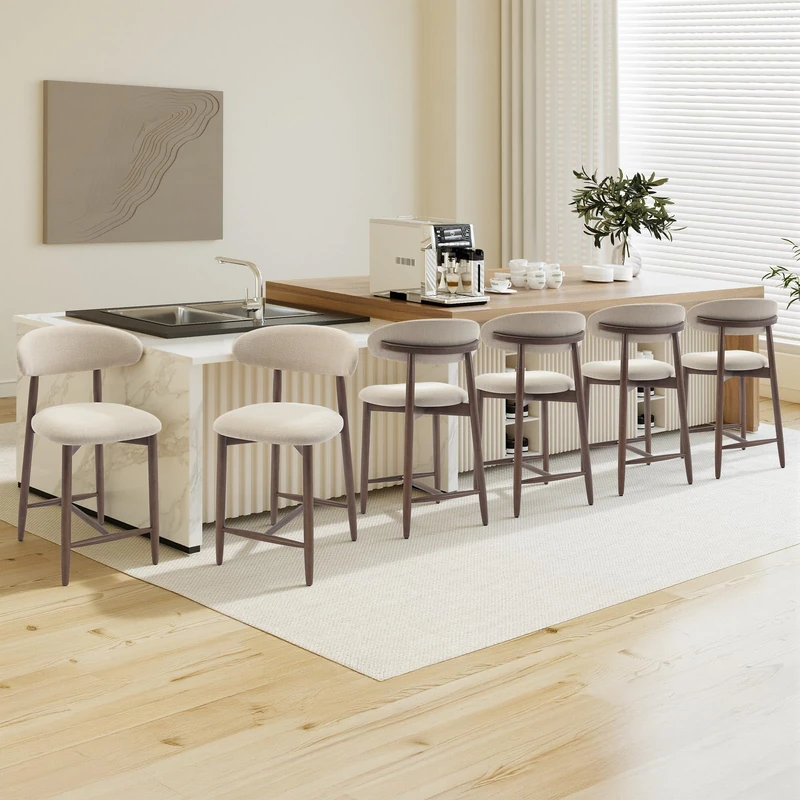 COLAMY 6PCS Counter Height Bar Stools with Back, Modern Upholstered Bar Chairs with Ergonomic Backrest & Footrest, Rubberwood Frame, Breathable Fabric, Padded Seat for Kitchen Island & Home Bar