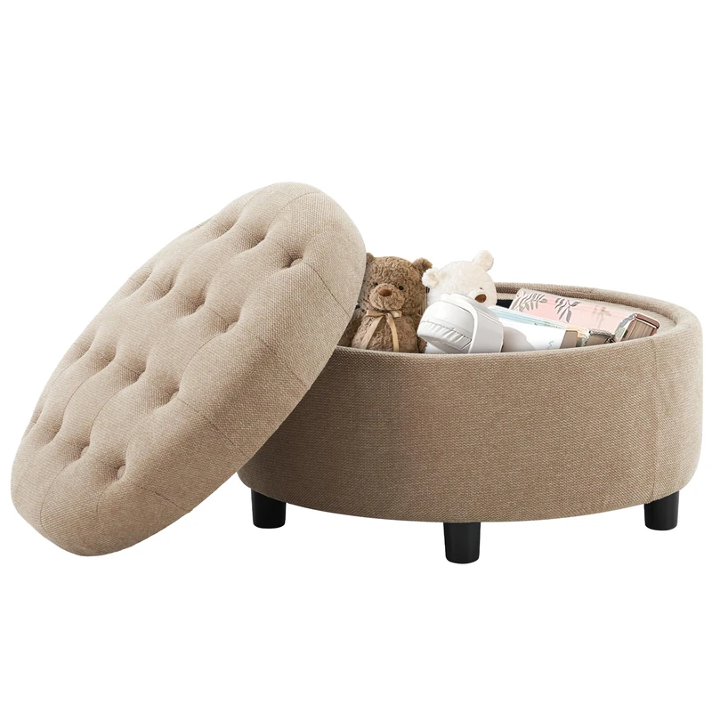 Round Storage Ottoman Footstool with Reversible Wooden Lid, 63.5cm Padded Pouffe Stool with Hidden Storage, Soft Linen Fabric Foot Rest with Anti-Slip Legs, Multifunctional Coffee Table Ottoman