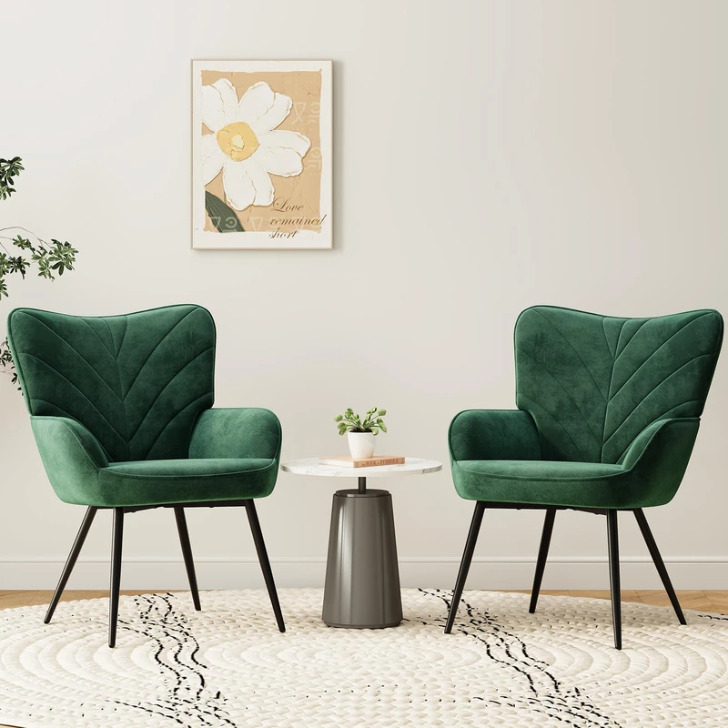 COLAMY Velvet Accent Chair with Black Metal Legs, Modern Armchair with Ergonomic Backrest, Wide Seat & High-Density Foam,Vanity Chair for Living Room Bedroom Lounge or Dressing Table,Green