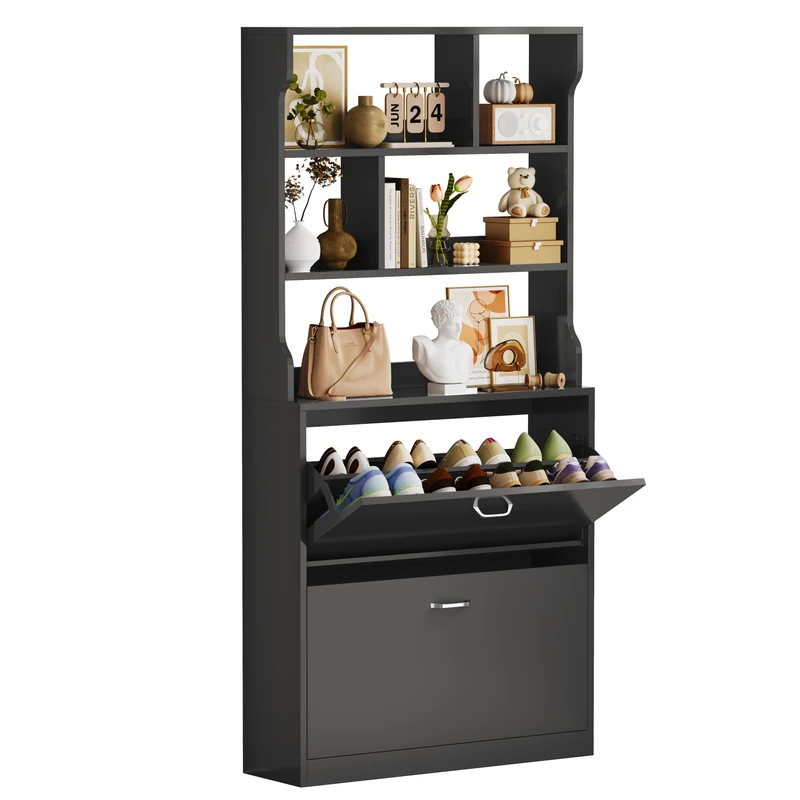 IRONCK Shoe Cabinet, Shoe Storage Cabinet with 2 Flip Drawers & 3-Tier Open Shelves, Tall Shoe Rack Cabinet, Slim Wooden Shoe Cupboard Organizer for Hallway, Entryway, Living Room, 165x80x24CM, Black