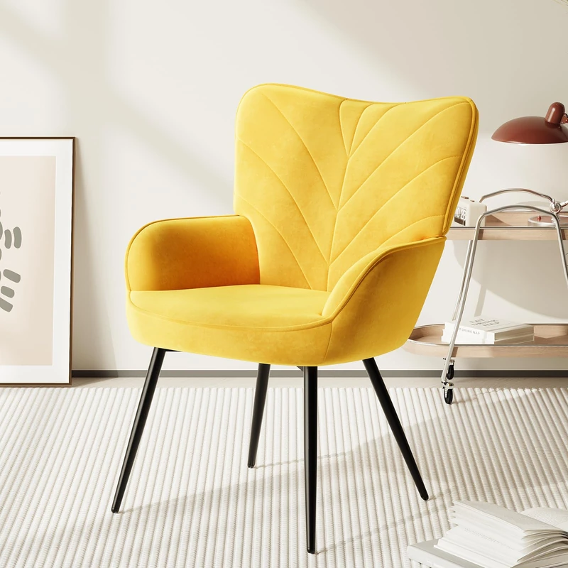 COLAMY Velvet Accent Chair with Black Metal Legs, Modern Armchair with Ergonomic Backrest, Wide Seat & High-Density Foam,Vanity Chair for Living Room Bedroom Lounge or Dressing Table,Yellow