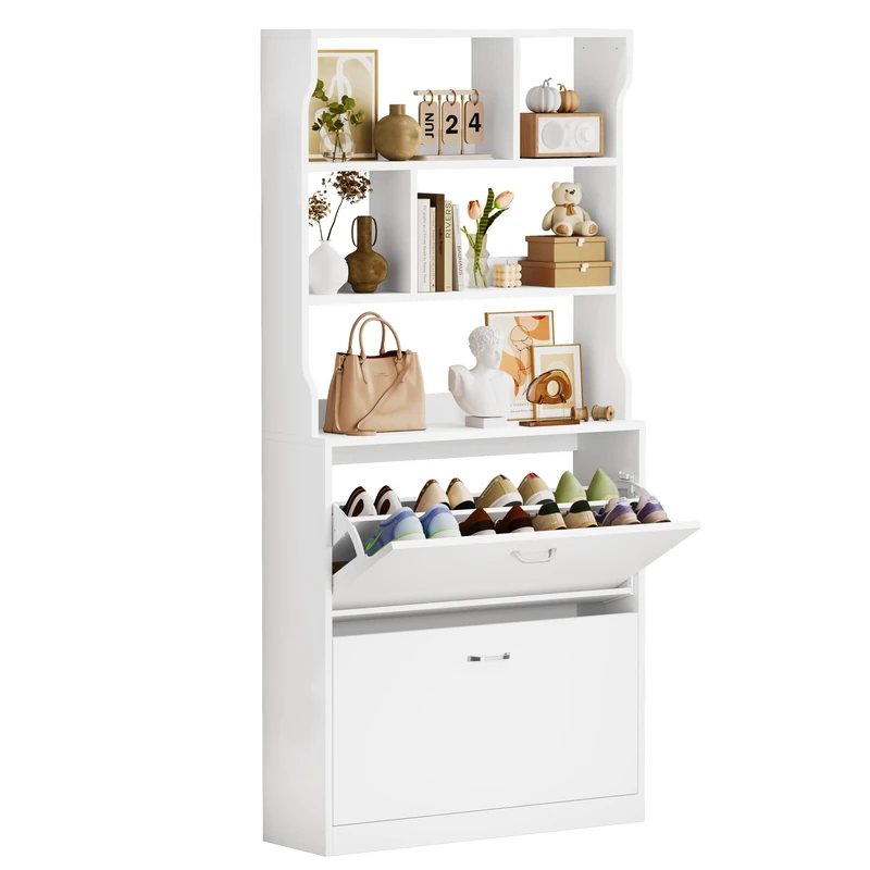 IRONCK Shoe Cabinet, Shoe Storage Cabinet with 2 Flip Drawers & 3-Tier Open Shelves, Tall Shoe Rack Cabinet, Slim Wooden Shoe Cupboard Organizer for Hallway, Entryway, Living Room, 165x80x24CM, White