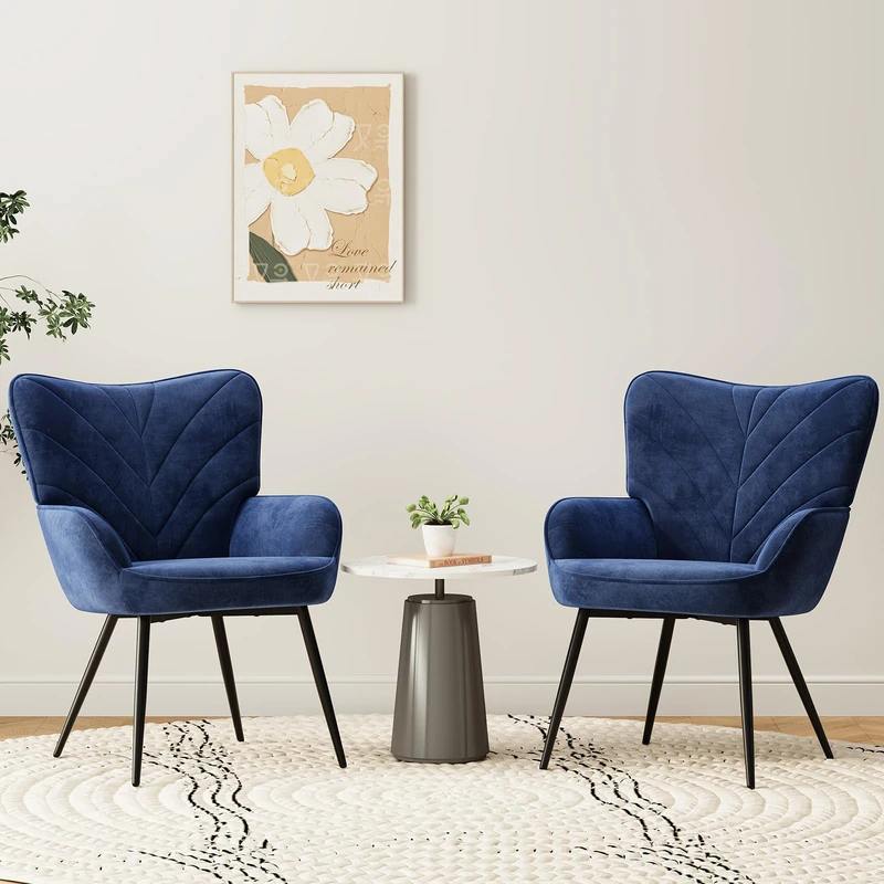 COLAMY Velvet Accent Chair with Black Metal Legs, Modern Armchair with Ergonomic Backrest, Wide Seat & High-Density Foam,Vanity Chair for Living Room Bedroom Lounge or Dressing Table,Blue