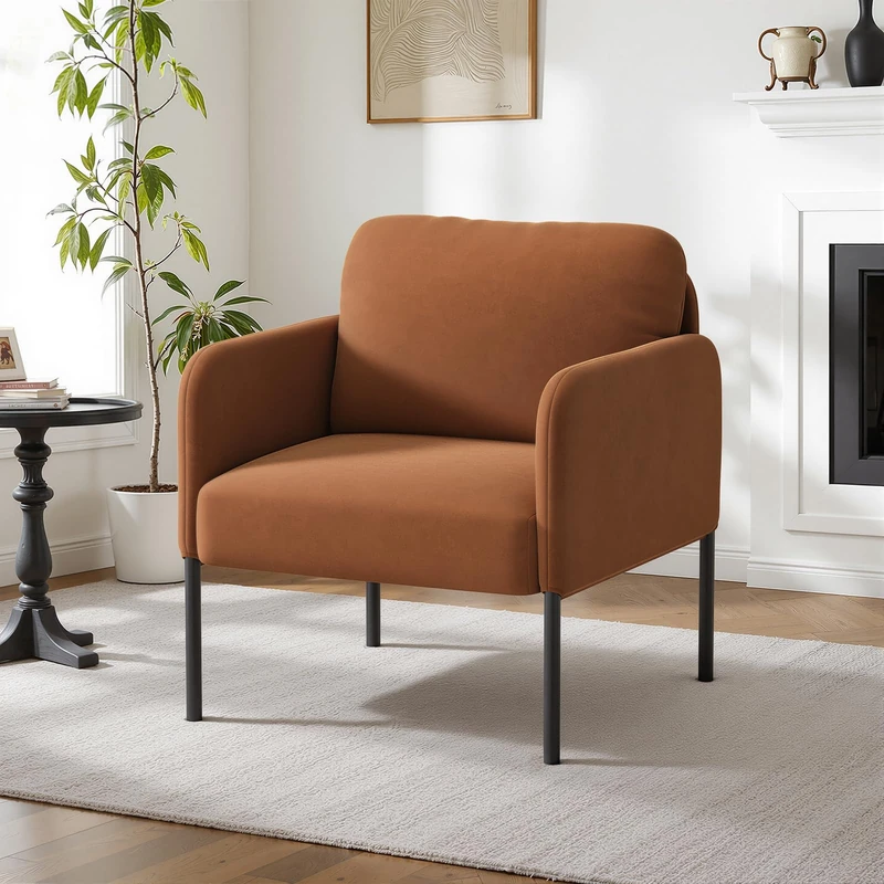 COLAMY Upholstered Armchair Accent Chair, Modern Lounge Chair with Padded Backrest, Soft Velvet Living Room Chair for Bedroom, Apartment & Reading Corner,Orange