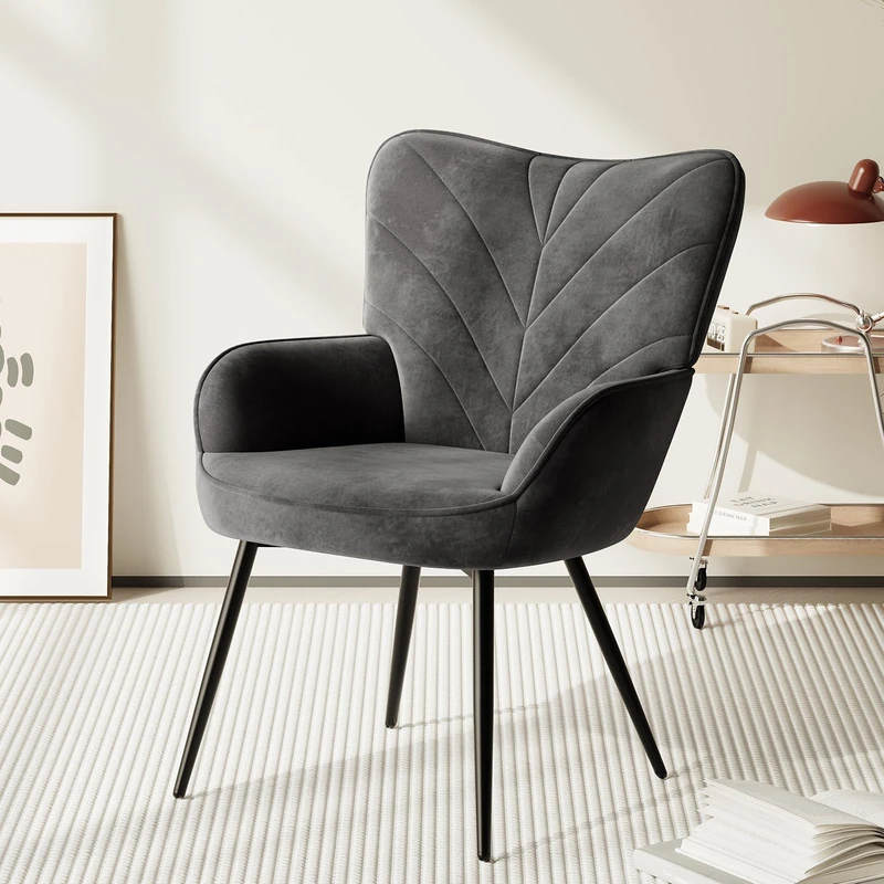 COLAMY Velvet Accent Chair with Black Metal Legs, Modern Armchair with Ergonomic Backrest, Wide Seat & High-Density Foam,Vanity Chair for Living Room Bedroom Lounge or Dressing Table,Grey