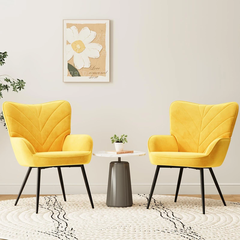 COLAMY Velvet Accent Chair with Black Metal Legs, Modern Armchair with Ergonomic Backrest, Wide Seat & High-Density Foam,Vanity Chair for Living Room Bedroom Lounge or Dressing Table,Yellow