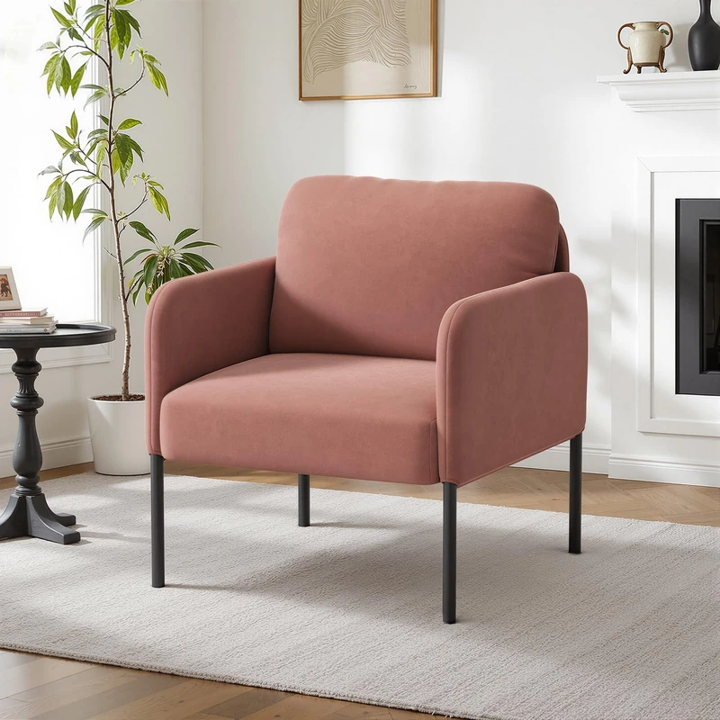 COLAMY Upholstered Armchair Accent Chair, Modern Lounge Chair with Padded Backrest, Soft Velvet Living Room Chair for Bedroom, Apartment & Reading Corner,Pink