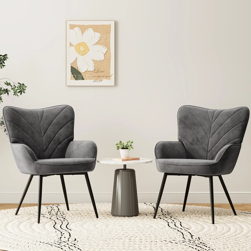 COLAMY Velvet Accent Chair with Black Metal Legs, Modern Armchair with Ergonomic Backrest, Wide Seat & High-Density Foam,Vanity Chair for Living Room Bedroom Lounge or Dressing Table,Grey