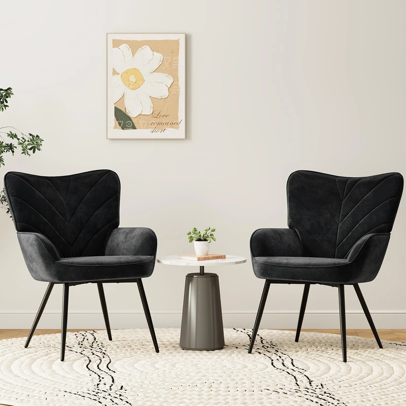COLAMY Velvet Accent Chair with Black Metal Legs, Modern Armchair with Ergonomic Backrest, Wide Seat & High-Density Foam,Vanity Chair for Living Room Bedroom Lounge or Dressing Table,Black