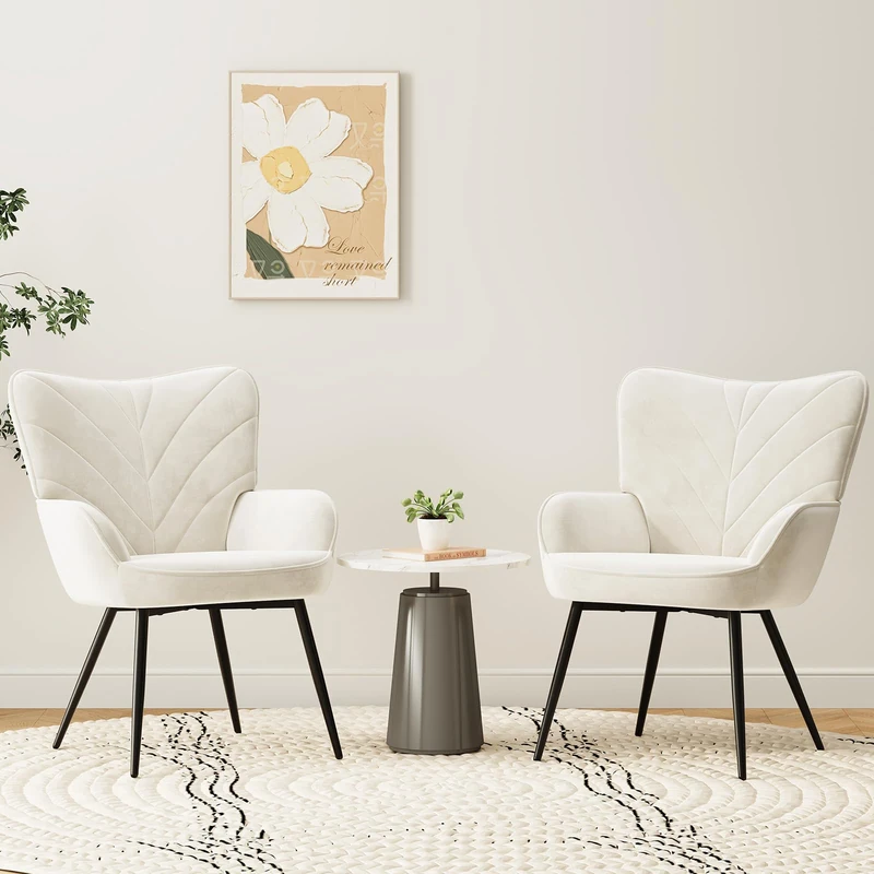 COLAMY Velvet Accent Chair with Black Metal Legs, Modern Armchair with Ergonomic Backrest, Wide Seat & High-Density Foam,Vanity Chair for Living Room Bedroom Lounge or Dressing Table,White