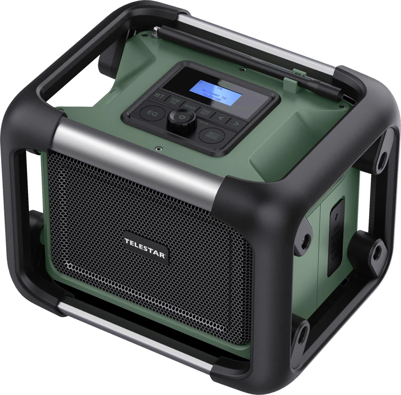 TELESTAR TOP OR 20 - Construction Radio (Robust Radio with DAB+, Bluetooth, Compatible with Makita Batteries, Dewalt, Bosch, Milwaukee, 80W Stereo, USB, Battery/Mains Powered) - Green/Black