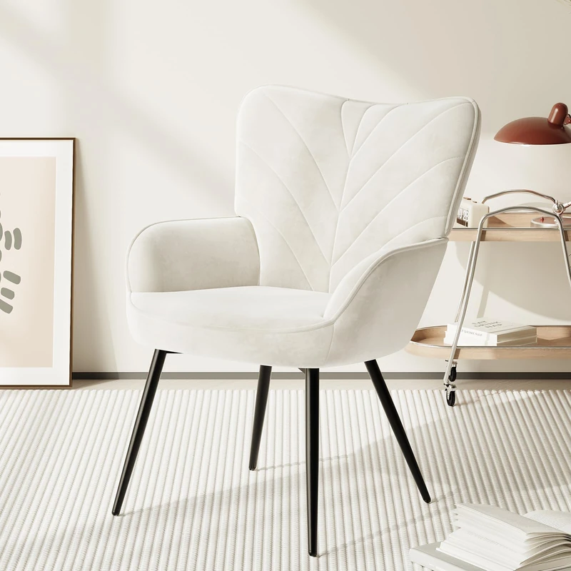COLAMY Velvet Accent Chair with Black Metal Legs, Modern Armchair with Ergonomic Backrest, Wide Seat & High-Density Foam,Vanity Chair for Living Room Bedroom Lounge or Dressing Table,White