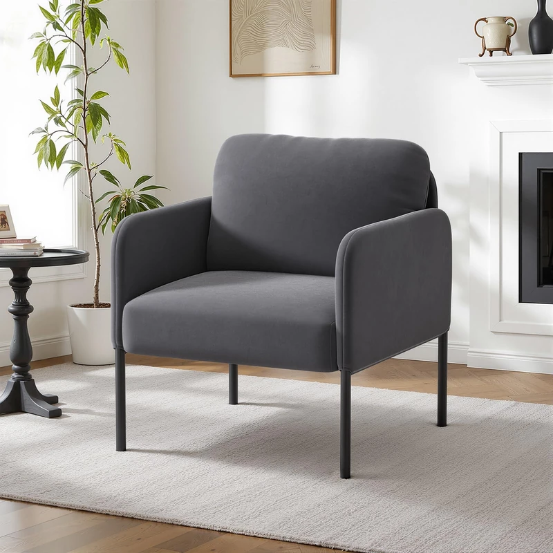 COLAMY Upholstered Armchair Accent Chair, Modern Lounge Chair with Padded Backrest, Soft Velvet Living Room Chair for Bedroom, Apartment & Reading Corner,Grey